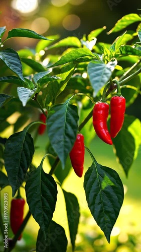 Macro view of vibrant red chili peppers ripening on a branch with healthy green leaves, backlit by golden sunlight in an organic garden with natural bokeh background.