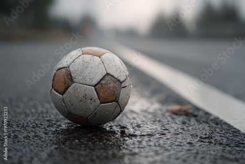 An aged, weathered soccer ball rests on a wet road, with a white line dividing the pavement