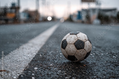 Soccer ball rests on rain-slicked road, a line guiding the eye to distant streetlights