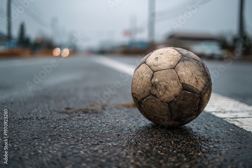 A weathered soccer ball rests on wet asphalt next to a white line on a cloudy, subdued day