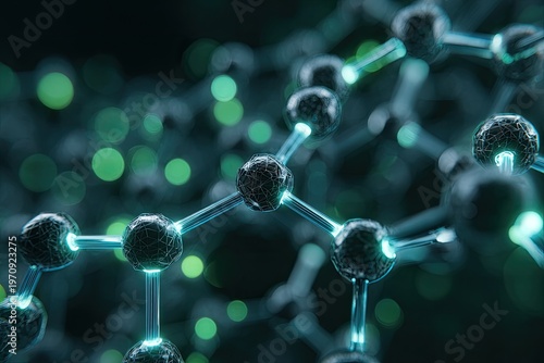Macro view of a 3D molecular structure with connecting bonds. Background blurred with green light