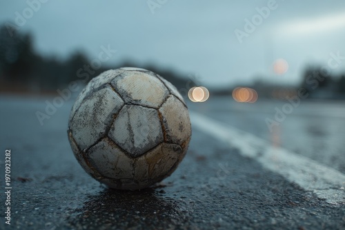 A well-worn soccer ball rests on a wet, gray road with blurred lights in the background