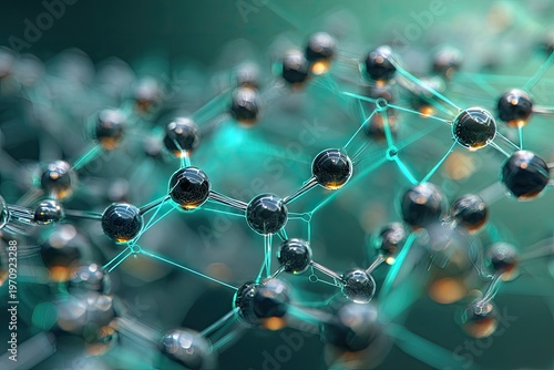 Close-up shot of a molecular structure with shiny dark spheres connected by glowing turquoise lines