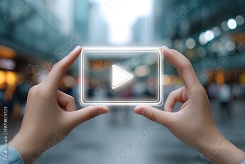 A person's hands framing a glowing play button in a city blurred by bokeh lights