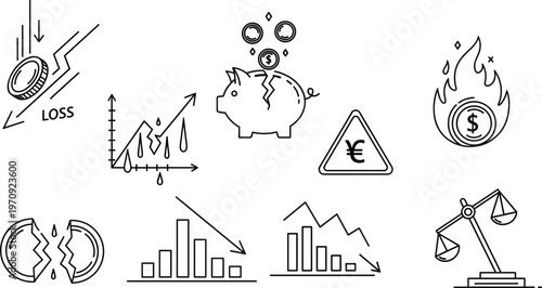 Financial Loss and Risk Icons Set Featuring Decline, Inflation, Piggy Bank, and Investment Warning Symbols for Financial Designs