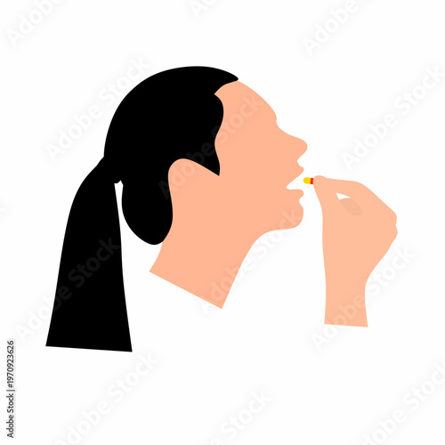 Vector illustration of a woman taking a pill. The girl's head with her mouth and hand holding the pill. Isolated on a white background.