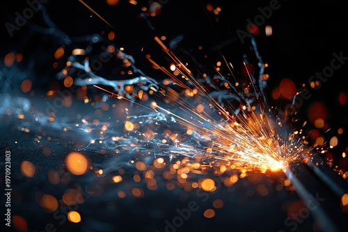 Close-up of explosive sparks bursting outward with glowing bokeh