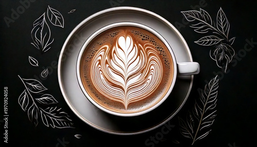 Artistic Latte Coffee Drink with Foam Art on Saucer.