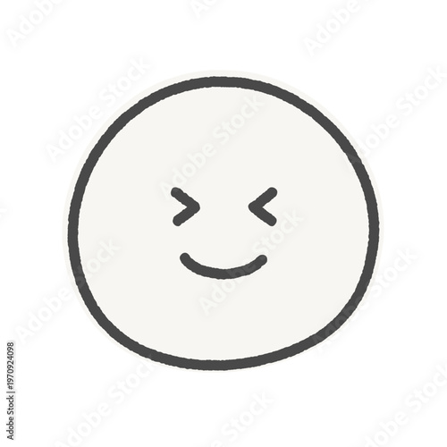 目をギュッとつぶって笑っている白い顔の絵文字 - ワクワクな笑顔の手書きアイコン素材 - 白フチ付き