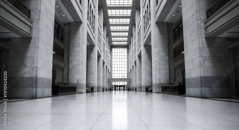 Fototapeta premium Grand Interior of a Modern Building with Marble Columns and Reflective Floor