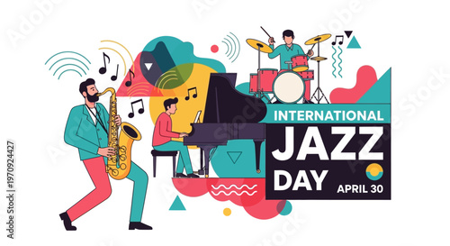 International Jazz Day Illustration with Trio Band and Colorful Notes