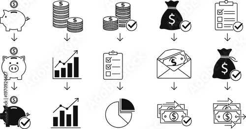 Financial Process and Savings Icons Set Featuring Piggy Bank, Investment, Money Flow, and Transaction Symbols for Financial Designs