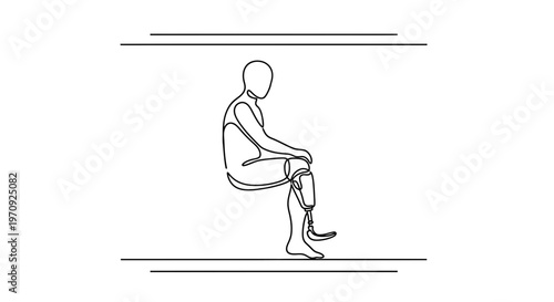 Person with prosthetic leg sitting, continuous line drawing, minimalist, disability representation