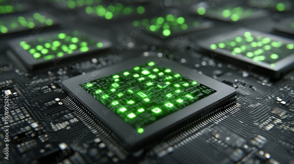 Fototapeta premium A macro close‑up of a semiconductor chip with hovering holographic code, sci‑fi vibe, emerald and black color scheme, ultra‑detailed, shallow depth, innovation theme