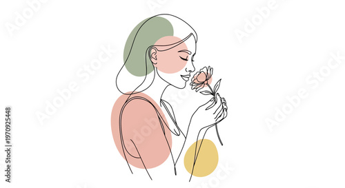 Minimalist One Line Drawing of a Beautiful Woman Smelling a Flower with Pastel Organic Shapes