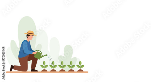 Male Farmer Kneeling and Watering Young Seedlings with a Green Watering Can, Sustainable Gardening and Small Scale Agriculture Vector Illustration