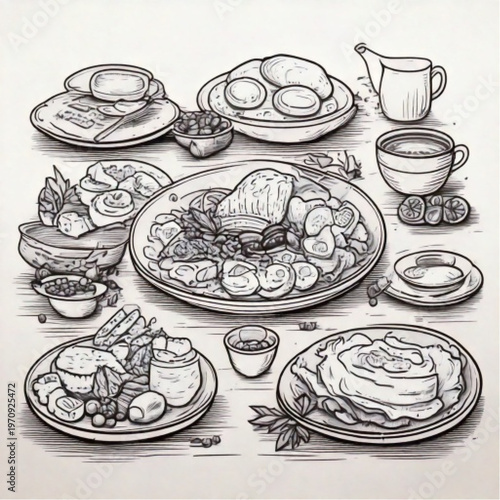 Hand drawn illustration of a festive meal spread with various dishes.