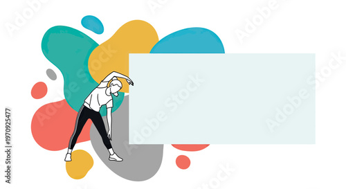 Woman Stretching and Exercising Next to Blank White Banner Template with Abstract Background