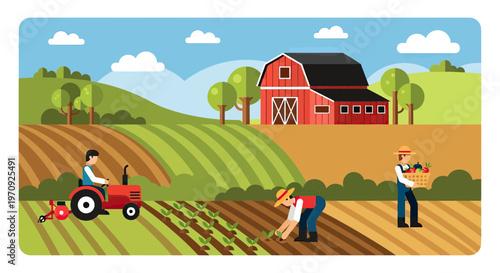 Farmers working in a countryside agricultural landscape with tractor, red barn, and harvest basket.