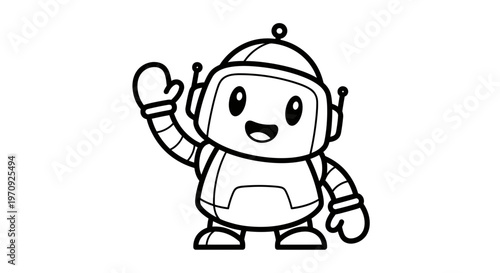 Cute Cartoon Robot Waving Hello, Friendly Android Mascot Coloring Page Line Art for Kids, Vector Illustration Isolated on White