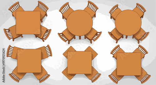 Top view furniture icons set, wooden dining table and chairs for floor plan layout, restaurant seating arrangement vector illustration