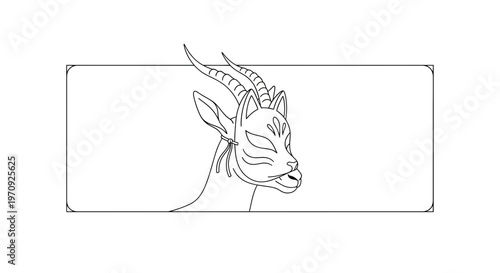 Mysterious Antelope Creature with Mask and Horns, Line Art Illustration