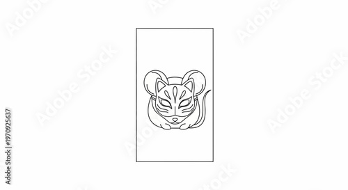 Mysterious Cat Masked Creature, Japanese Folklore Inspired, Line Art Design