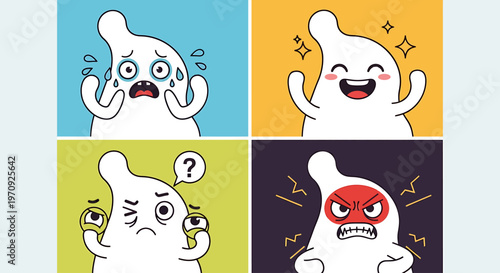 Colorful cartoon condoms humorously illustrating a diverse range of emotions joy, sadness, confusion, and anger, symbolizing safe sex, contraception, and sexual health communication
