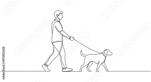 Continuous line drawing of a man walking his dog on a leash, minimalist one line art vector illustration of a pet owner and canine companion during a daily walk