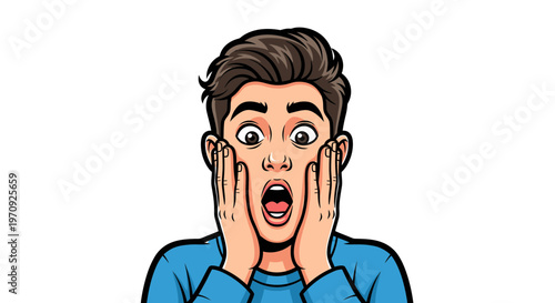 Surprised young man holding face in disbelief, vector illustration of shocked male character with open mouth and wide eyes isolated on white background.