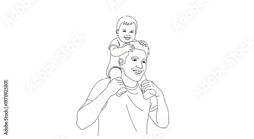 Happy Father Carrying His Young Son on His Shoulders, Minimalist Line Art Vector Illustration of Parenting and Family Bonding