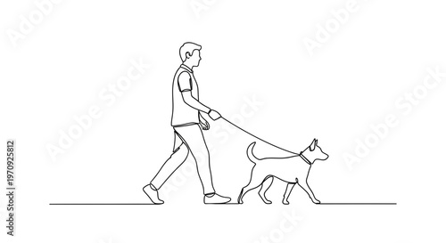 Continuous Line Art Illustration of a Young Man Walking His Dog on a Leash, Minimalist Vector Drawing of Pet Owner and Canine Companion Strolling Together