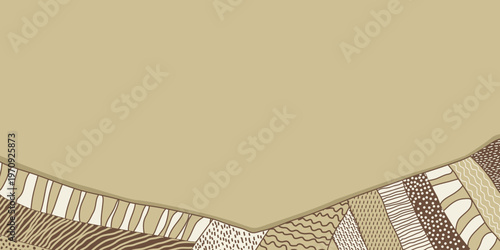 Agriculture field pattern banner, aerial view in a beige, brown colors. Countryside grassland, farm land from top. Geometric farmland patches, padded mosaic country background, abstract patchwork
