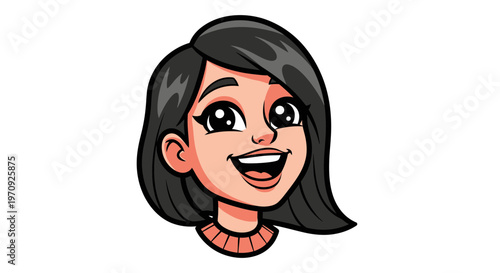 Cute Cartoon Avatar of a Smiling Young Woman with Black Hair, Happy Expression Vector Illustration