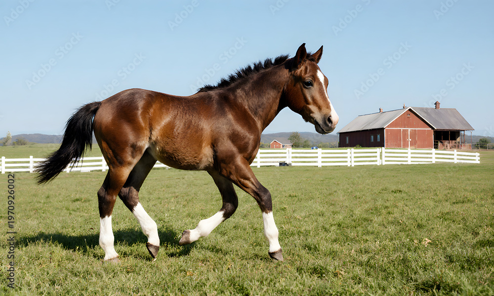 Obraz premium Brown horse trotting in a green pasture near a red barn in daylight 