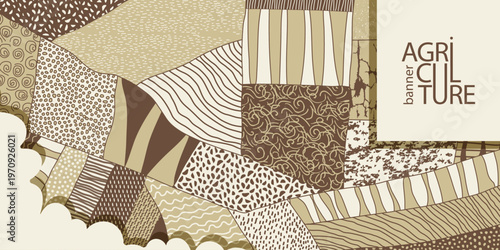 Agriculture field pattern banner, aerial view in a beige, brown colors. Countryside grassland, farm land from top. Geometric farmland patches, padded mosaic country background, abstract patchwork