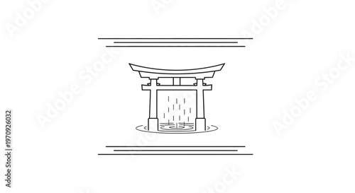 Minimalist Torii Gate Icon with Water and Rain, Japanese Shrine Entrance Symbol