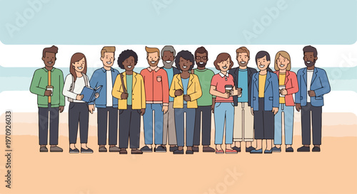 Diverse group of people standing together, multicultural community of men and women in casual clothing, flat vector illustration of a large crowd