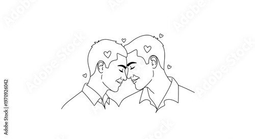 Romantic Line Art Illustration of a Gay Male Couple Touching Foreheads with Hearts, Symbolizing Love and Intimacy