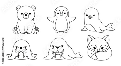 Set of Cute Arctic and Winter Animals Illustrations for Coloring Book, Polar Bear, Penguin, Seal, Walrus, and Arctic Fox Vector Line Art