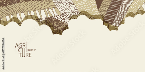 Agriculture field pattern banner, aerial view in a beige, brown colors. Countryside grassland, farm land from top. Geometric farmland patches, padded mosaic country background, abstract patchwork
