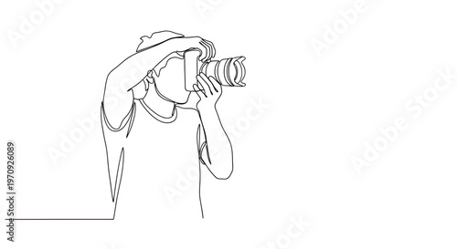 Continuous Line Drawing of a Photographer Holding a DSLR Camera and Taking a Photo, Minimalist Vector Illustration