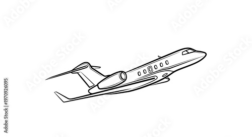 Private Business Jet Plane Flying, Minimalist Black and White Vector Illustration