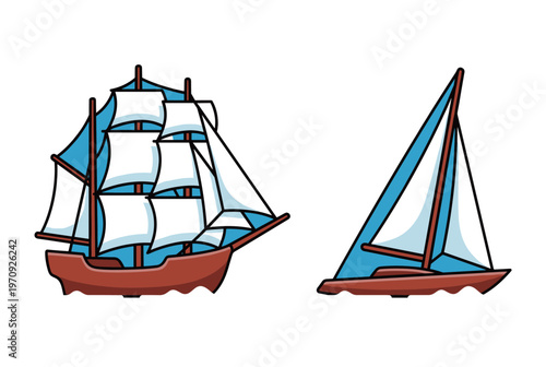 Traditional Wooden Sailing Vessels Illustration, Classic Galleon and Modern Yacht with White Sails Navigating on Blue Ocean Water