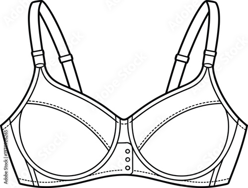 Women bra line art illustration, front view lingerie design, undergarment outline, modern vector fashion, detailed stitching, adjustable straps, minimal style
