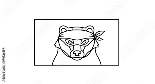 Bandana-wearing badger illustration, fierce expression, cartoon style, black and white outline