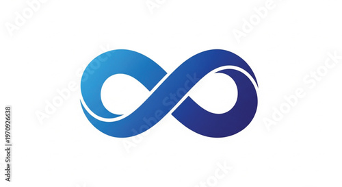 This modern vector illustration features a stylized infinity symbol with fluid, wave-like curves. The design uses a vibrant blue gradient, transitioning from light cyan to deep navy.