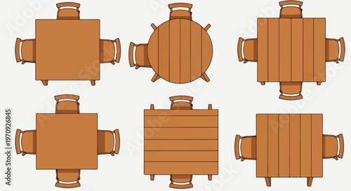 Wooden dining table and chairs set, top view furniture icons for floor plans, brown timber restaurant seating arrangement, 6 vector elements