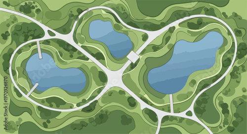 Abstract Top Down View of Green Park Landscape with Lakes and Paths Vector Illustration