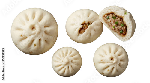 Fotografija A delectable assortment of five freshly steamed Chinese baozi buns, filled with savory minced meat and green onions